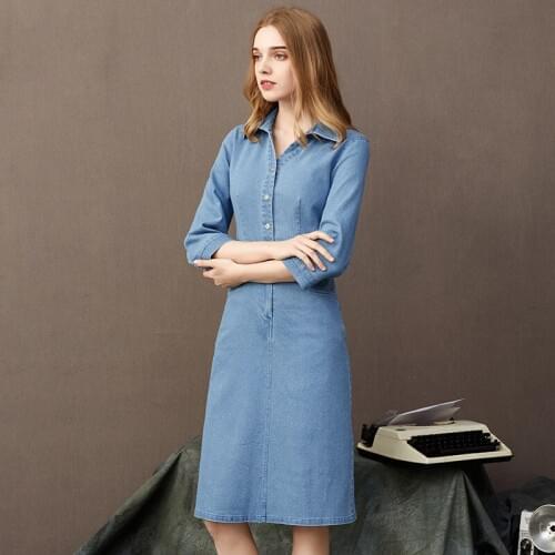 New Plus Size Spring Autumn Women Dress Fashion Turn-Down Collar Collect Waist Solid Slim Jeans Dress For Women Denim One-Piece