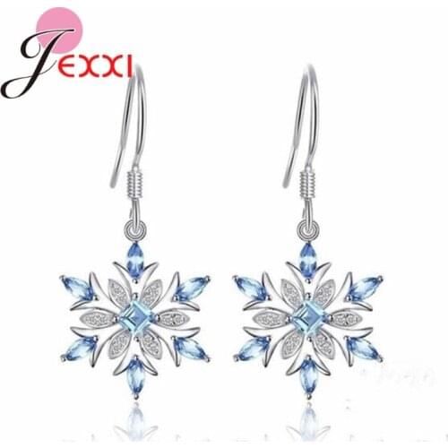 New Christmas Jewelry Shiny Rhinestone 925 Sterling Silver Snowflake Drop Earrings Women Elegant Party Dangle Pendientes