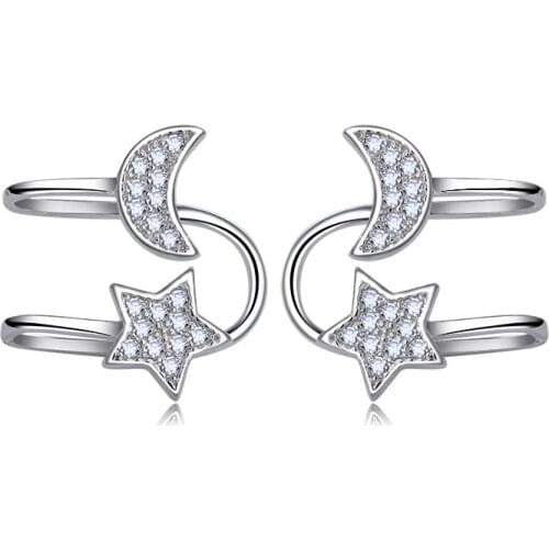 Wholesale Fashion Jewelry New Shiny Zircon Star Moon Design 925 Sterling Silver Clip Earrings for Women Gift Drop Shipping