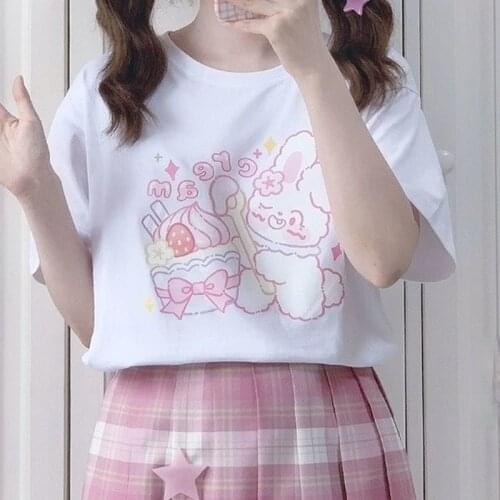 QWEEK Japanese Style Kawaii Anime T-shirt for Girl Streetwear Women Korean Style Kpop Short Sleeve Cute Print T-shirts White Top
