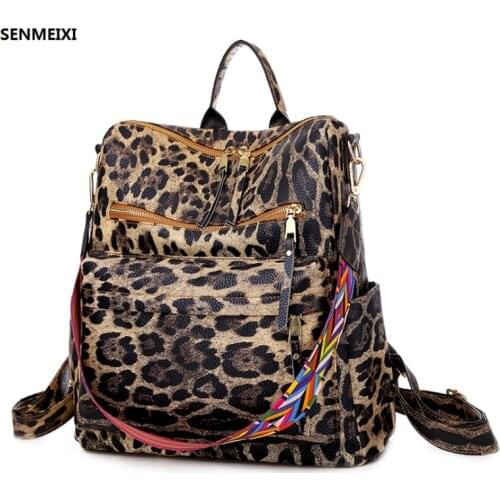 Luxury Leather Leopard Backpack Women Shoulder Bag Sac A Dos High Quality Travel Backpacks Ladies School Bags mochila feminina
