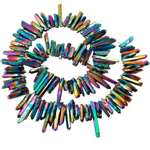 TUMBEELLUWA Rainbow Titanium Coated Crystal Points Quartz Rough Sticks Spikes Point Beads 16 inch Strand Drilled