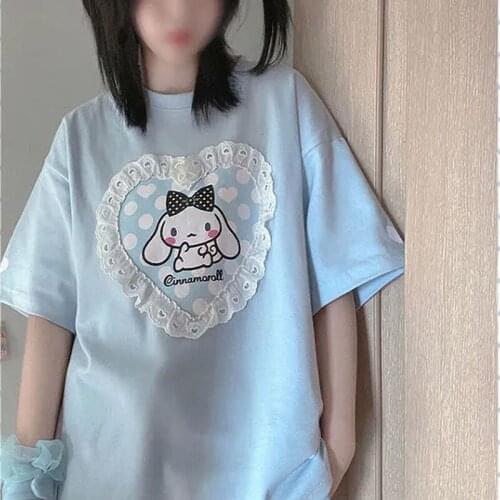 Hip Hop Cinnamorolled Lace T Shirts Female Women Gilrs Tshirt Short Sleeve Harajuku Kawaii Cute Lolita Loose Vintage Clothes