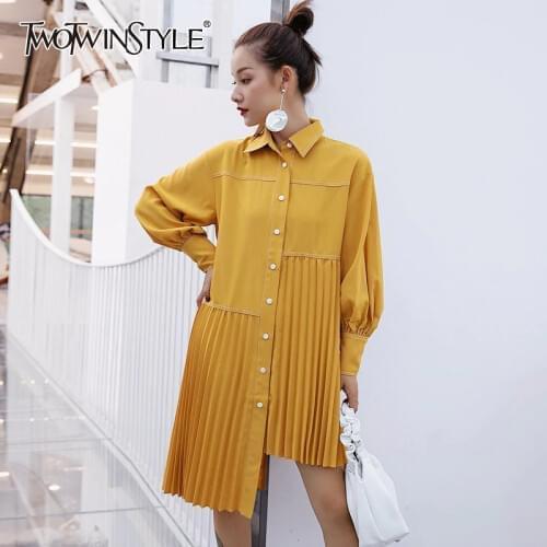 TWOTWINSTYLE Casual Pleated Womens Dress Lapel Collar Lantern Long Sleeve Asymmetrical Hem Female Dresses Fashion 2020 Clothing