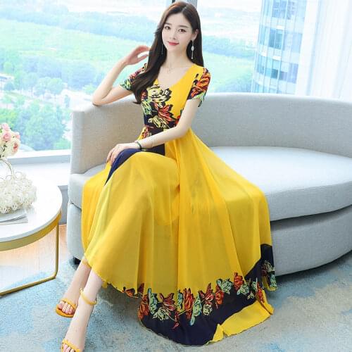 Yellow Beach Dress Elegant Long Fashion Printed Summer 2021 Short Sleeve V-Neck Women Slim A-Line Flower Party Dress zh1533