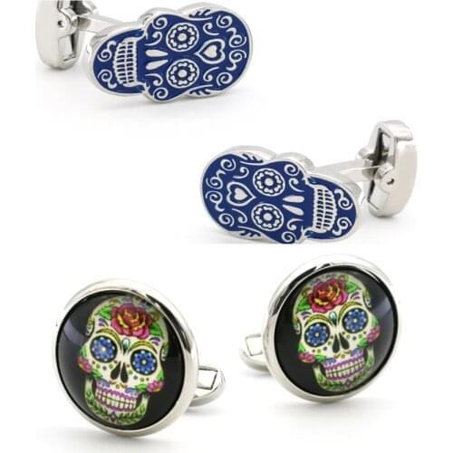 10pairs/lot Copper Enamel Skull Cufflinks Colorful Printing Skeleton Cuff Links Mens Jewelry Accessory Halloween Gift Wholesale