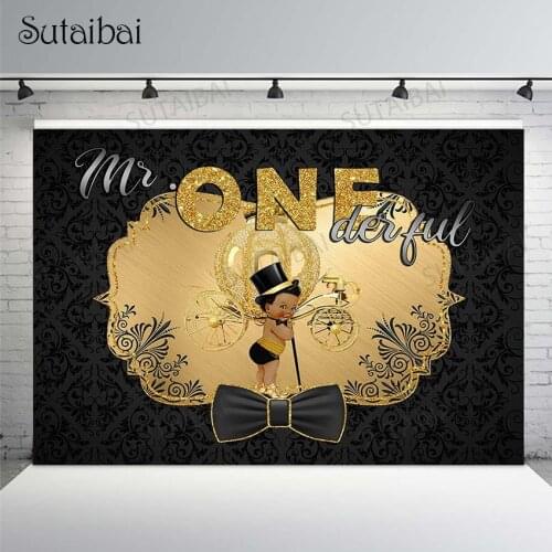 Mr Onederful Backdrop Black Bow Boys 1st Birthday Party Photography Background Vinyl Pumpkin Carriage Golden Decoration Banner