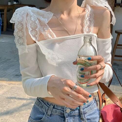 T-shirt Female White Lace Sling Shoulder Short Sexy Hot Girl Navel Long-sleeved Top 2021 Summer New Style