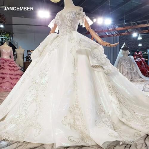 HTL1875 Sequined Beading Wedding Dress 2020 Short Sleeve Applique Ball Gowns Crystal Deep V-Neck Off The Shoulder