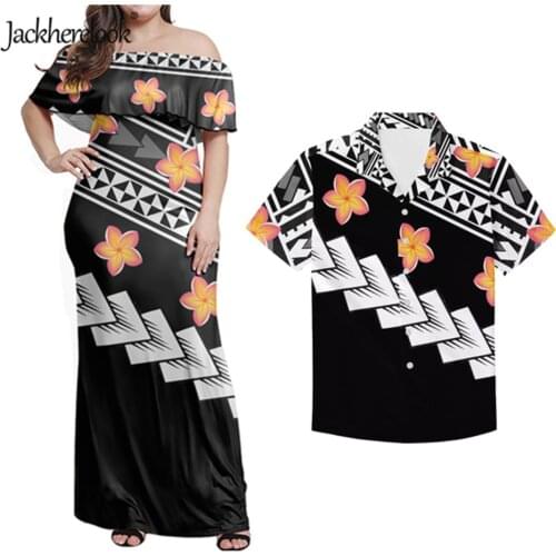 Jackherelook Women Off Shoulder Ruffie Dress Polynesain Tribal Hibiscus Floral Style Summer Beach Hawaiian Clothes Vestido Mujer
