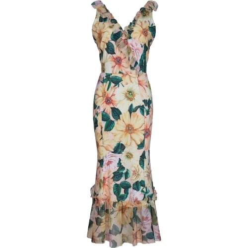 Fashion Designer Summer Midi Plus Size 3XS-10XL Dress Women V-neck Ruffle Floral-Print Party Vintage Mermaid Dress