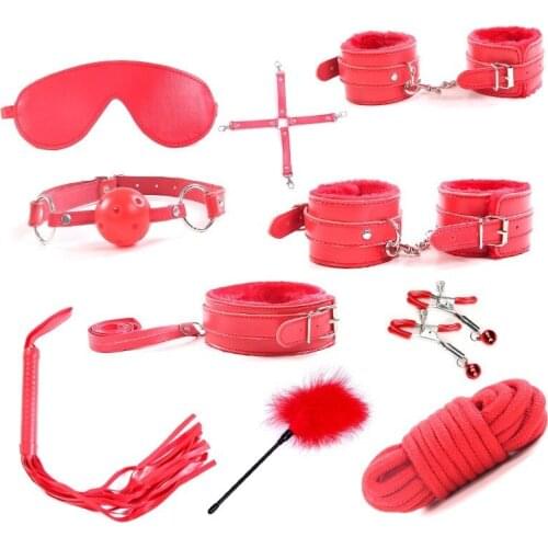 Hot 10Pcs/set Sex Toys Handcuffs For Sex Collar Whip Gag Nipple Clamps BDSM Bondage Rope Erotic Adult Sex Toys For Woman Couples