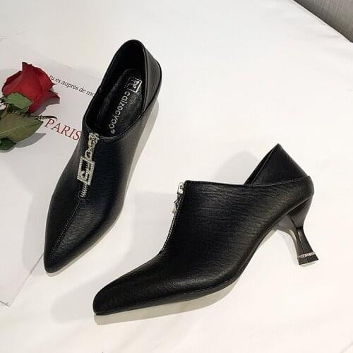 Heel Solid Mom Shoes Zipper Wedding Female Pumps Boots Women Shoes Autumn Winter PU Leather Pointed Toe Thick High U14-51