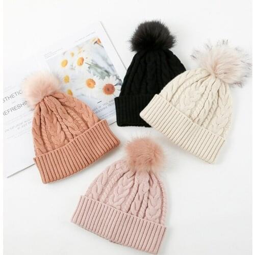 Autumn Winter New Womens Knitted Hat Big Hair Ball Beanie Caps Outdoor Warm Knit Hats Solid Satin Bonnet Womens Knitted Hat