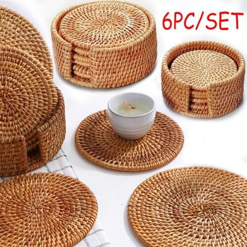 6Pc New Hot Natural Rattan Coasters Insulation Cup Bowl Pad Handmade Padding Table Mat Round Placemats Kitchen Accessories