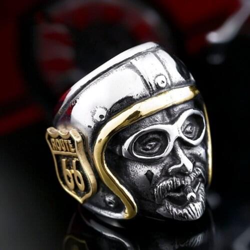 Punkboy Hip Hop Mens Ring Unique Two-tone Pilot Helmet Motorcycle Ring for Male Party Jewelry Accessories