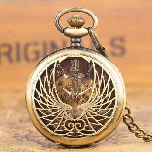 Steampunk Black/Bronze Hollow Phoenix Carving Mechanical Pocket Watch Roman Numerals Display Pin Chain Retro Clock Collectibles