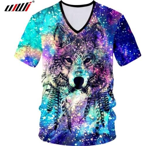 UJWI 3D Print Starry Star Tshirt Animal Wolf V Neck T-shirts Men Summer Plus Size Hip Hop Short Sleeve Cool Tee Shirts Unisex
