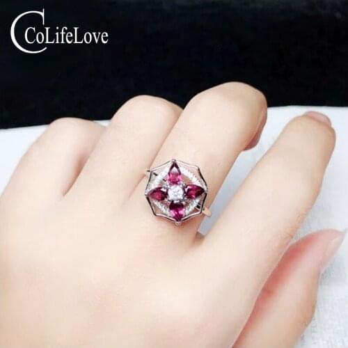 CoLife Jewelry 100% Natural Garnet Ring for Party 4 Pieces Garnet Silver Ring 925 Silver Garnet Jewelry Birthday Gift for Girl