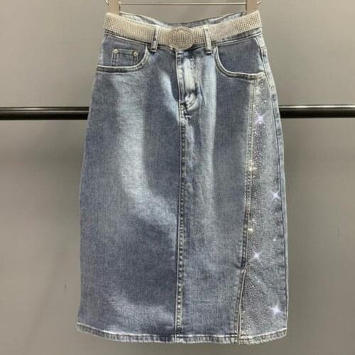 Denim skirt women summer heavy work diamond high waist knee length skirt a-line