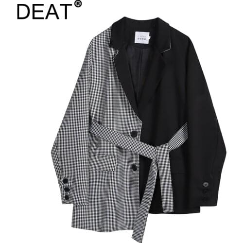 [DEAT] 2021 Autumn New Fashion Tide Single-breasted Splicing Lattice Long Sleeve Sashes Irregular Loose Blazer Women 13Q894