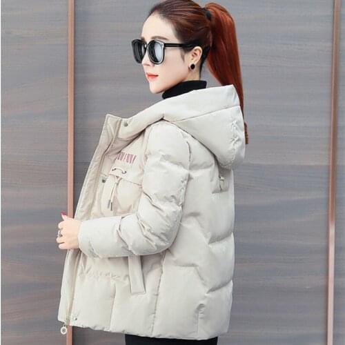 Winter Cotton Womens Down Jacket Hooded Long Sleeve Cardigan Zipper Pockets Loose Solid Thick Fashion Office Lady Down Jacket
