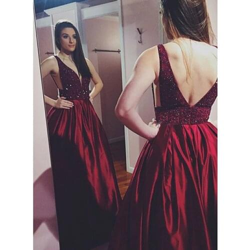 2021 Beaded Double V Neck Prom Dresses Long Sleeveless A Line Satin Formal Evening Prom Party Gowns Women