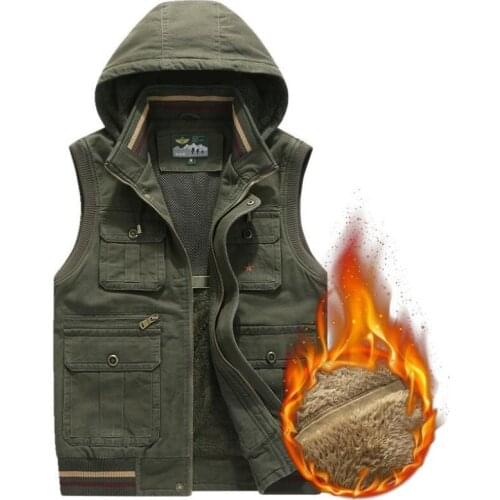 Vest Men Winter Fleece Thick Warm Waistcoat Men Hooded Multi Pockets Military Chalecos Para Hombre Colete Masculino M-4XL