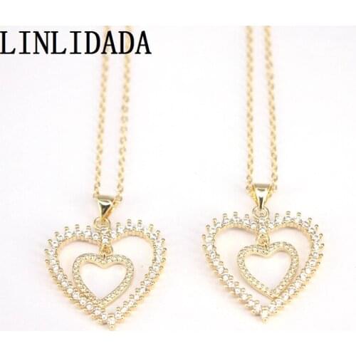 10Pcs, Fashion Jewelry Gold Color CZ Double heart Pendant Necklace Crystal Zirconia Women Pendants