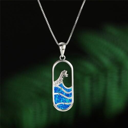 2021 Classic Blue Opal Pendant For Women Silver Color Chain Necklace Hollow Wave Wedding Jewelry