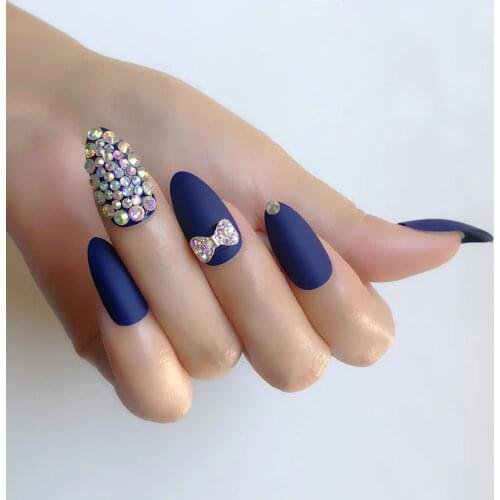 24 PCS Hand made to order Coffin Ballet Fake Finger Rhine stone Acrylic False Nails long Point Frosted Press on Nails Tip