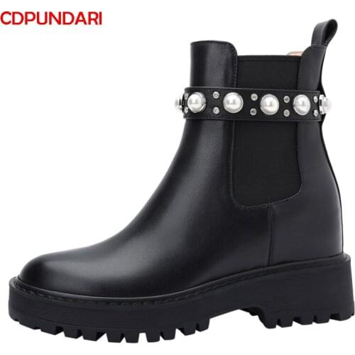 Black Genuine Leather Heighten Wedges Platform Ankle Boots For Women Autumn Winter High Heels Boots Shoes Bottes Plateforme