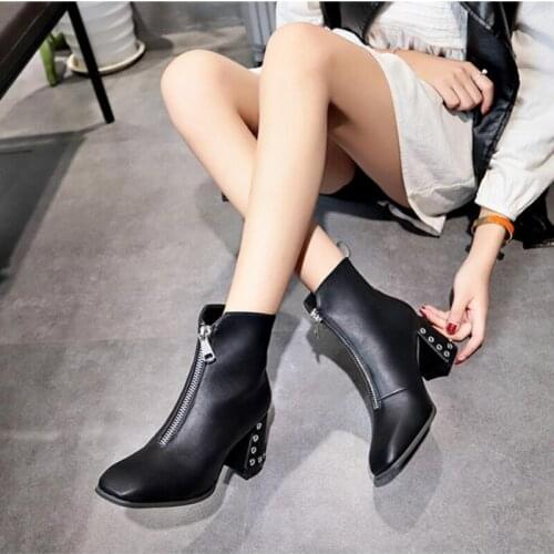 Black beige leather mid-calf chelsea boots women brand front zipper chunky heels ladies botines mujer riding boots shoes 2020