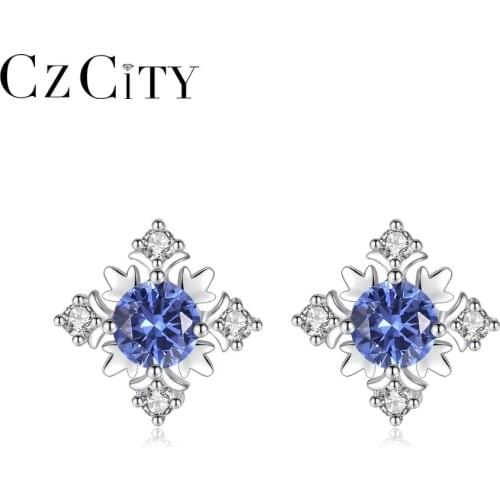 CZCITY Genuine 925 Sterling Silver Charming Blue & Green Stud Earrings for Women Exquisite Pattern Topaz Earrings Fine Jewelry