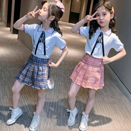 Childrens wear girl set 2020 summer new plaid skirt set girl foreign style short sleeve polo shirt two pieces trend