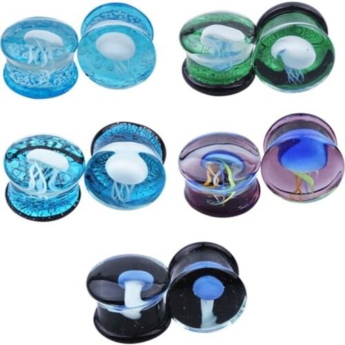 Hot Sale Hand Made Glass Jellyfish Ear Gauge Plug Saddle Ear Expander Stretcher Mix Designs Body Piercing Jewelry 6-16mm