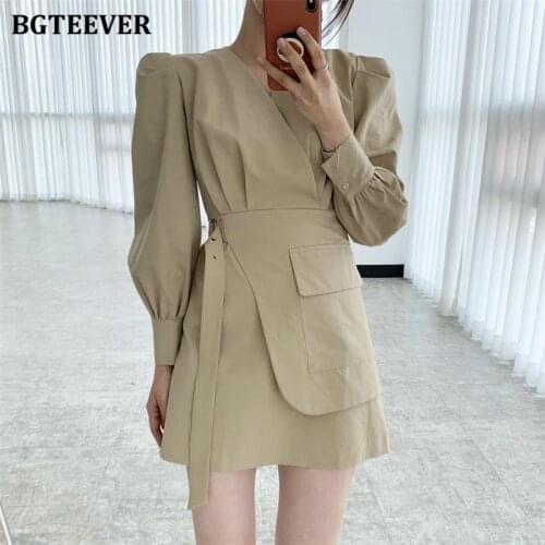 BGTEEVER Elegant V-neck Puff Sleeve Women A-line Mini Dress 2021 Summer Autumn Full Sleeve Belted Slim Waist Female Short Dress
