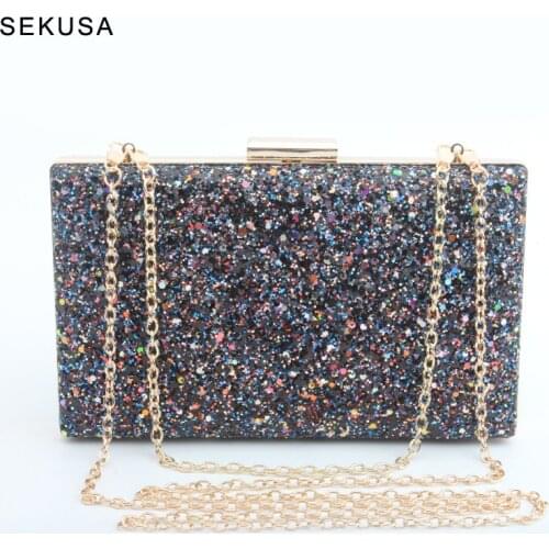 Fashion Sequined Women Clutch Metal Chain Shoulder Evening Bags Bling Party Wedding Purse Wallets