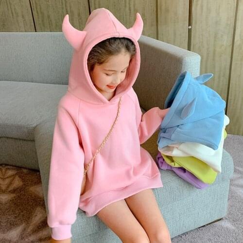 Mom Susy Fashion Baby Girl Hoodie Warm Cotton Pink White Purple Infant Toddler Kids Pullover Top Solid Horn Hooded Clothes 3-14Y