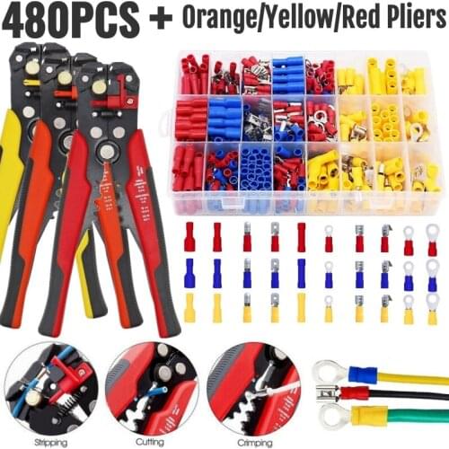 480PCS Crimp Spade Butt Ring Fork Set Ring Lugs Rolled Terminals with 3-in-1 Compound Self-Adjustable Wire Cable Stripper Pliers