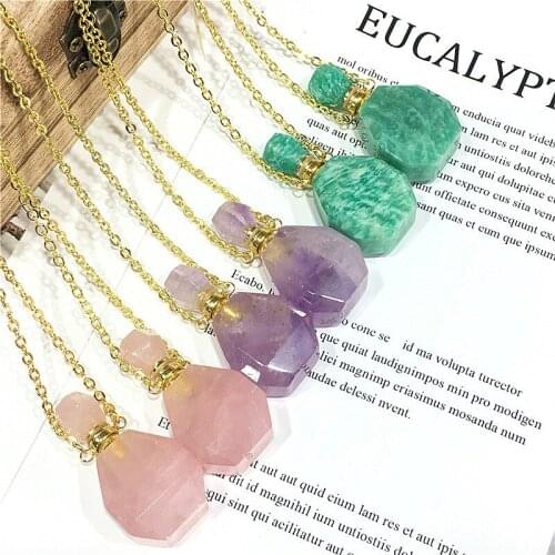 Natural Amethys Rose crystal golden chain Charm necklace healing stone reiki Essential Oil Diffuser necklace