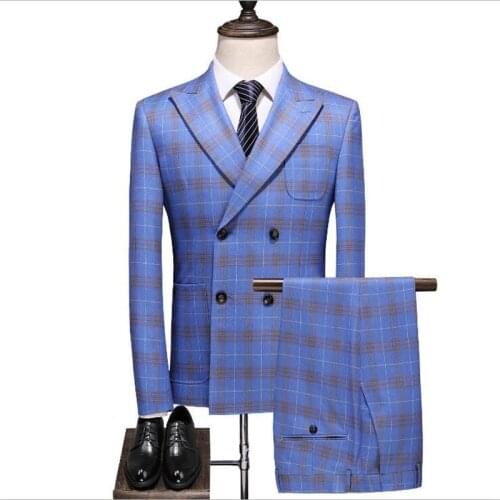 New Popular Blue Groom Tuxedos Slim Fit 3 Pieces Mens Wedding Suits Double Breasted Blazer Formal Men Business Suit