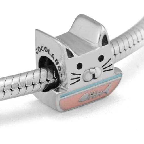 Fits for Pandora Charms Bracelets Curious Cat Beads with Pink Enamel 100% 925 Sterling Silver Jewelry Free Shipping