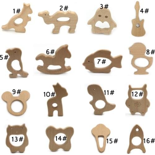 1pcs New Safety Animal Shape Baby Teether Teething Toys Food Grade Beech Teether Baby Bite Wooden Color Tooth Dental Care Toys