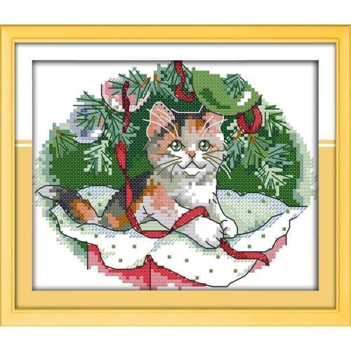 Christmas kitten Printed Canvas Cross Stitch Kit Home Decore DIY 14CT Canvas DMC Gift Embroidery Needlework Cross-stitch set