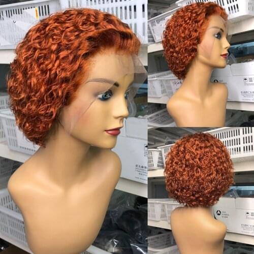 Ginger Orange Pixie Cut Lace Front Human Hair Wig Short Curly Bob Pre Plucked T Part Lace Wig Bleached Knots 180% Brazilian Remy
