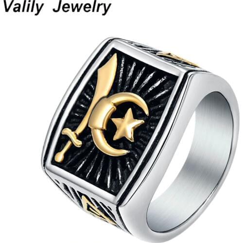 Valily Jewelry Mens Ring Gold Star Moon Sword Islam Ring for Men Stainless Steel Fashion Finger Band Ring Arab Allah Crescent