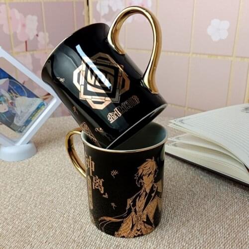 Japanese Anime Genshin Impact Liyue Harbor Zhongli Cartoon Ceramic Coffee Water Mug Cup Gold Stamping Creative Xmas Gifts Prop