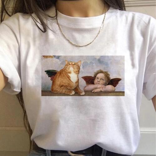 Van Gogh Oil Painting Cat Women T Shirt Art Lattice Print New Cute Female T-shirt Casual Harajuku Tshirt Funny Ulzzang Grunge