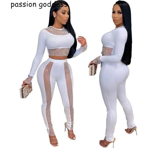 High Street Women Summer Shine Rinestone Matching Two Piece Set Full Sleeve T Shirt Top and Skinny Long Pencil Pant Suit Outfits